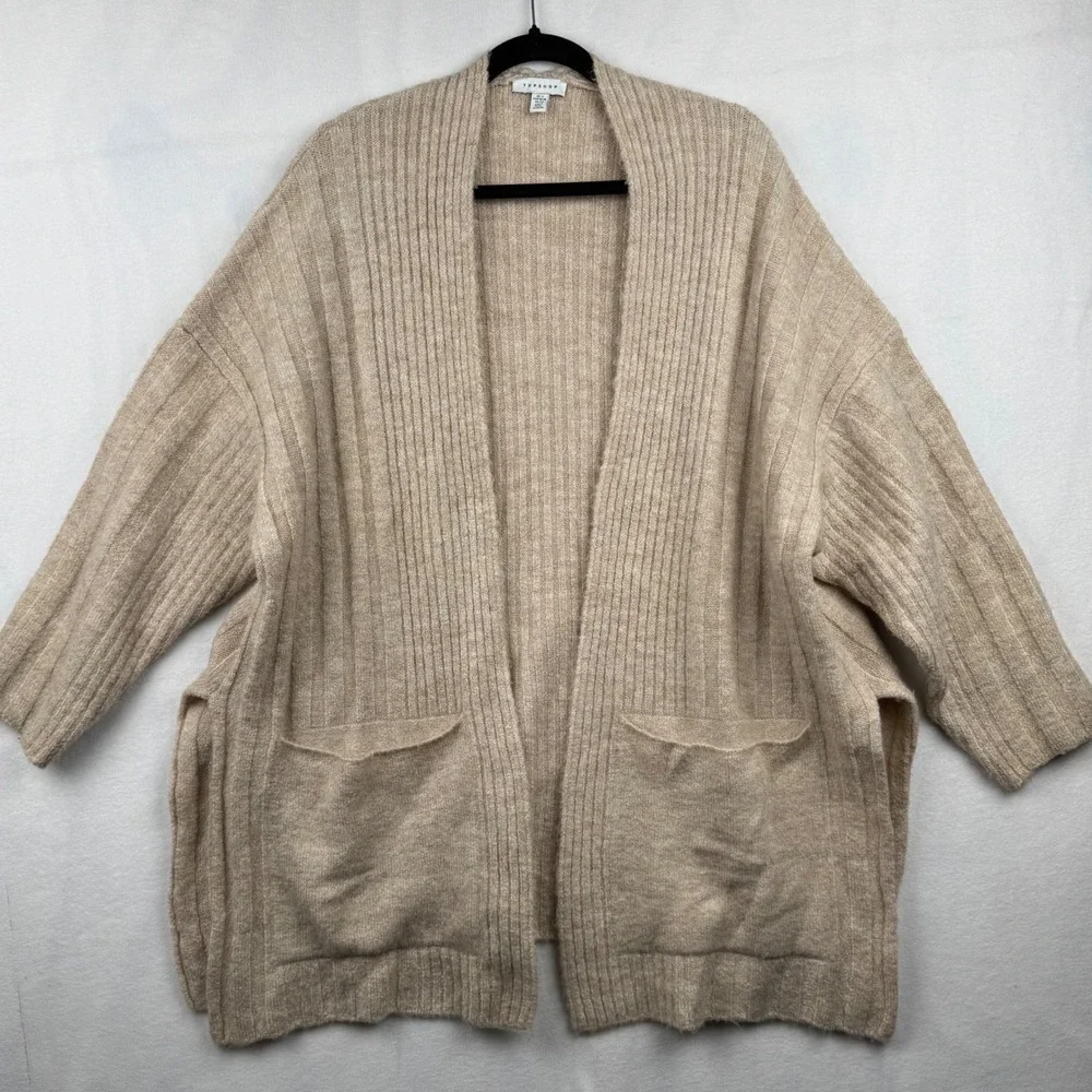 Topshop Cardigan Open‎ Front Ribbed Knit Pockets Casual Comfy Tan Small S